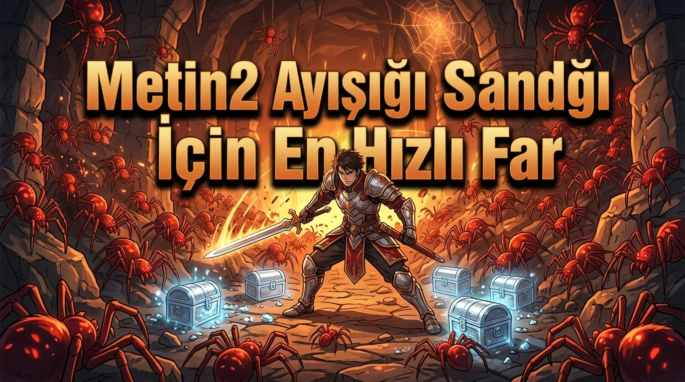 A highly detailed, cinematic screen capture of a Metin2 character in Spider Dungeon 3 surrounded by hundreds of aggressive red spiders, with shiny silver Moonlight Treasure Chests dropping on the stone ground, glowing under a faint blue light, 16:9 aspect ratio