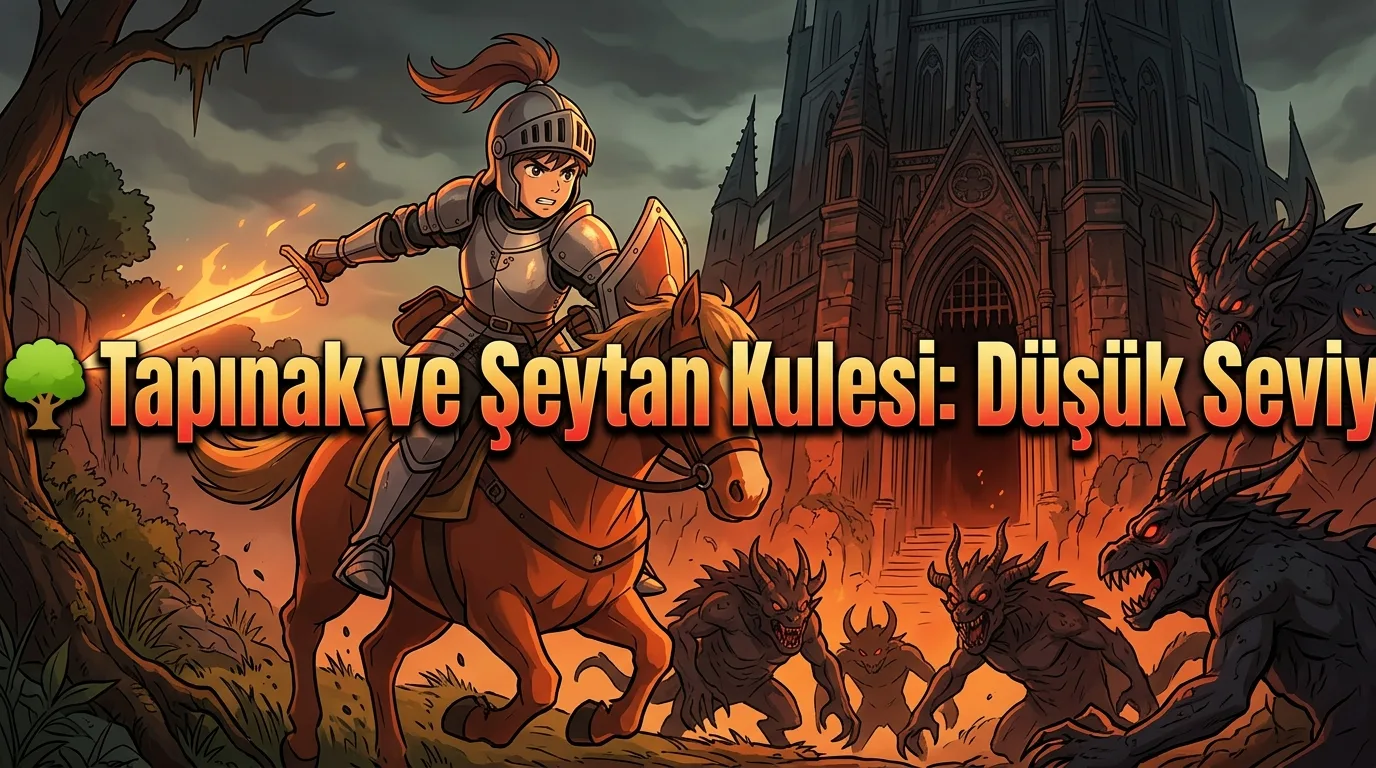 A low-level Warrior character wearing full +9 level 30 gear on a pony, fighting dark Arahan group monsters outside the ominous Devil's Tower entrance, gloomy and dark atmosphere, 16:9 aspect ratio