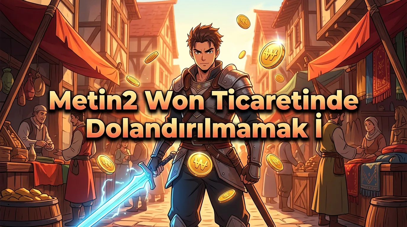 Metin2 Won Ticareti Güvenlik Rehberi Görseli: Ortaçağ pazarında parlayan mavi kılıç ve Won paraları taşıyan karakter, güvenli alışverişi temsil ediyor.