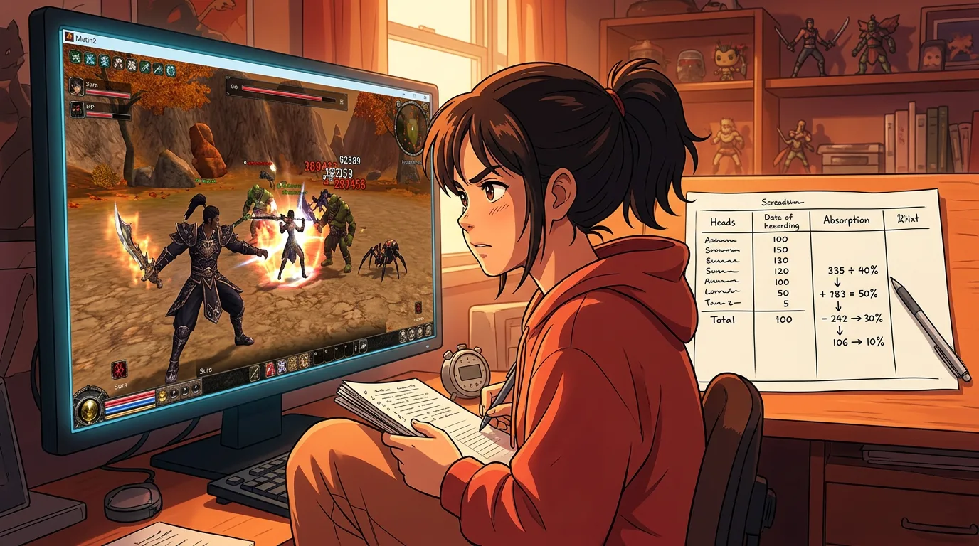 A wide cinematic 16:9 gameplay testing scene showing a player recording Metin2 Sura damage, current HP, gained HP, and calculated absorption percentages in a simple spreadsheet beside the game window. Unique alt text should describe the measurement process and visible data columns.