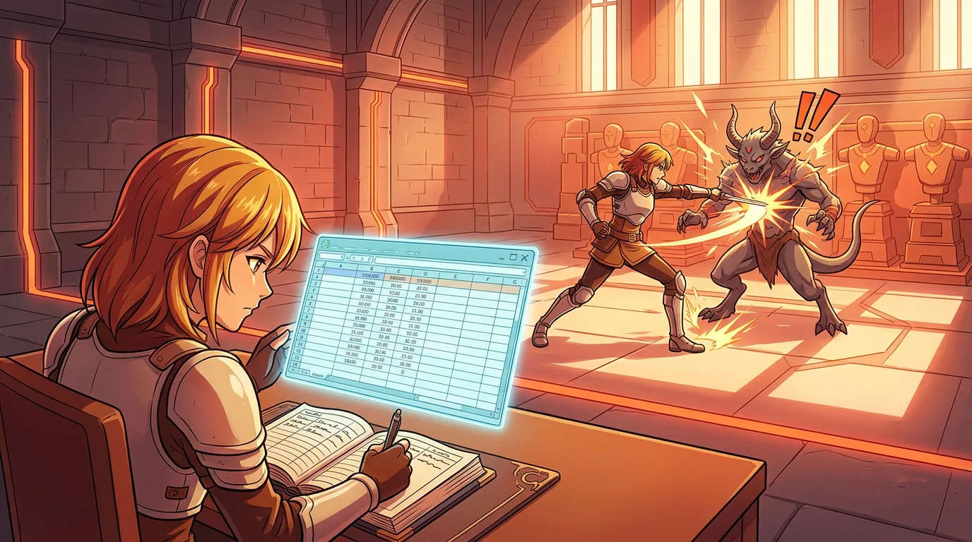 Wide cinematic 16:9 scene showing a player recording Metin2 damage test results in a spreadsheet while the same monster is attacked with identical equipment, clean testing environment, focused atmosphere