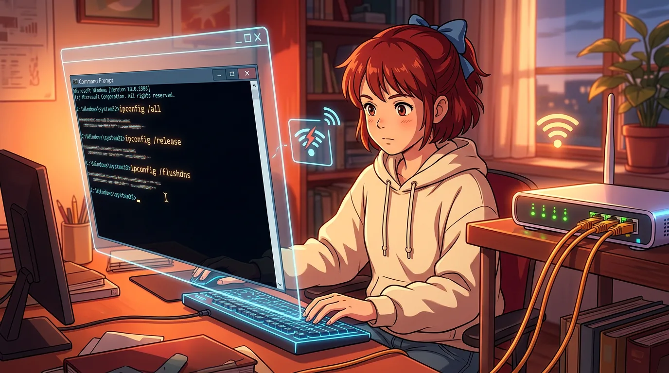 Wide cinematic 16:9 image showing a Windows Command Prompt with ipconfig and flushdns commands, a network icon, router lights, and a calm blue troubleshooting atmosphere. Include unique alt text: “Windows DNS önbelleği temizleme ve Metin2 bağlantı testi”