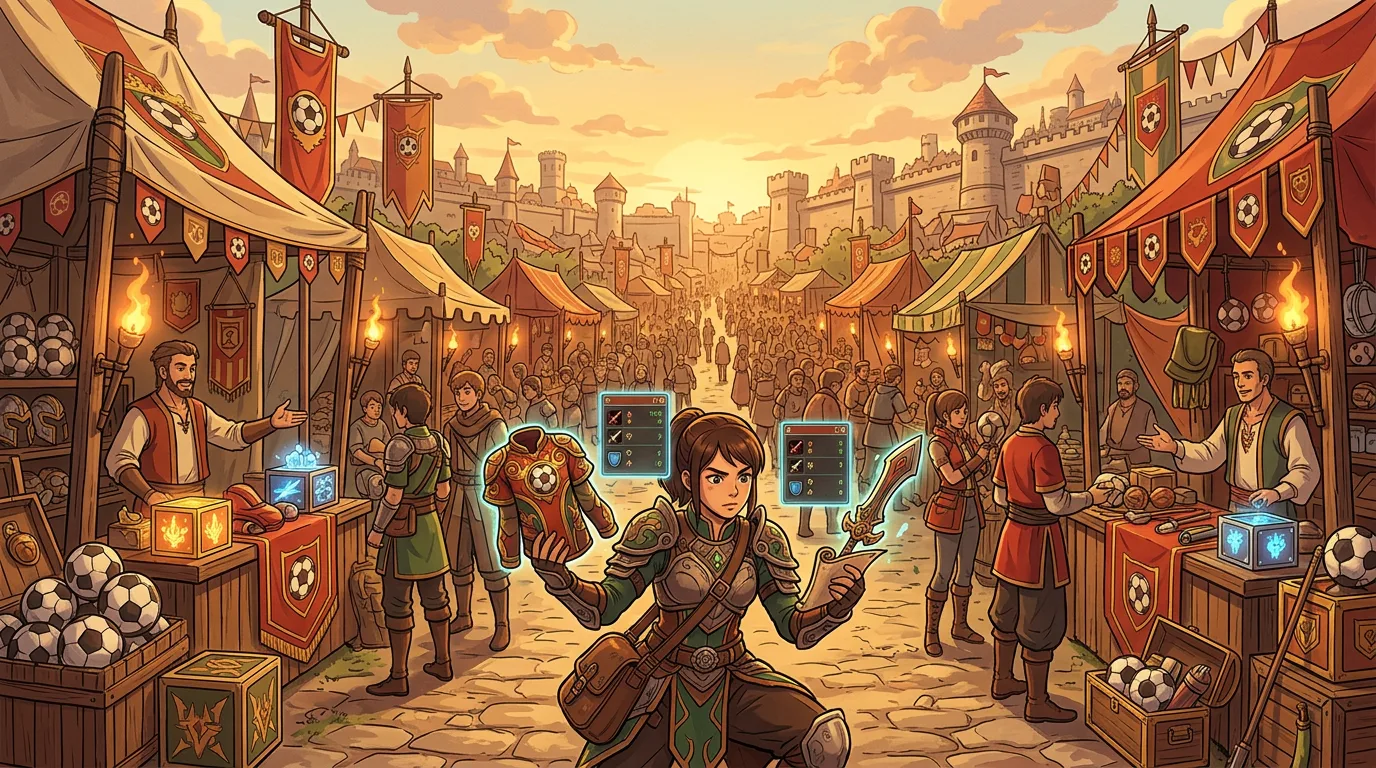 A wide, cinematic 16:9 scene showing a Metin2 marketplace with multiple shops selling Football Event items, a player comparing prices and checking item bonuses, with a busy but readable in-game atmosphere.